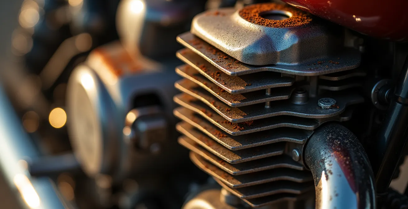 Close-up of traditional air-cooled motorcycle engine cooling fins showing mechanical complexity