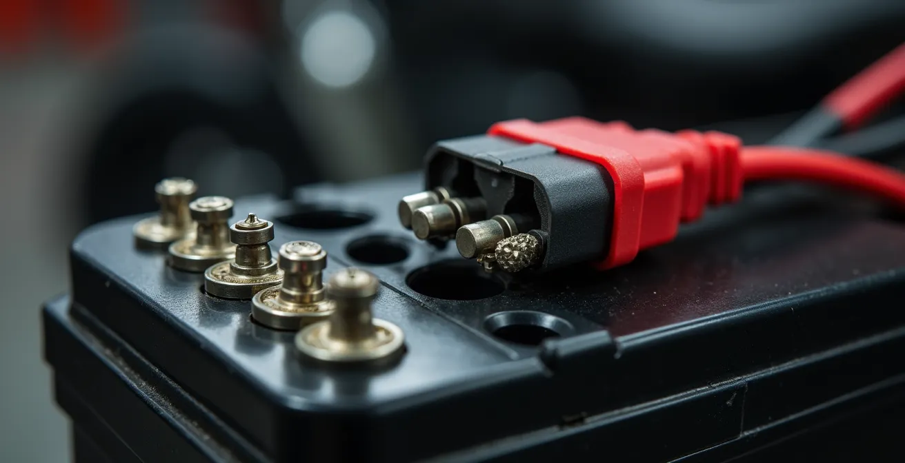 Detailed view of battery testing equipment connected to motorcycle