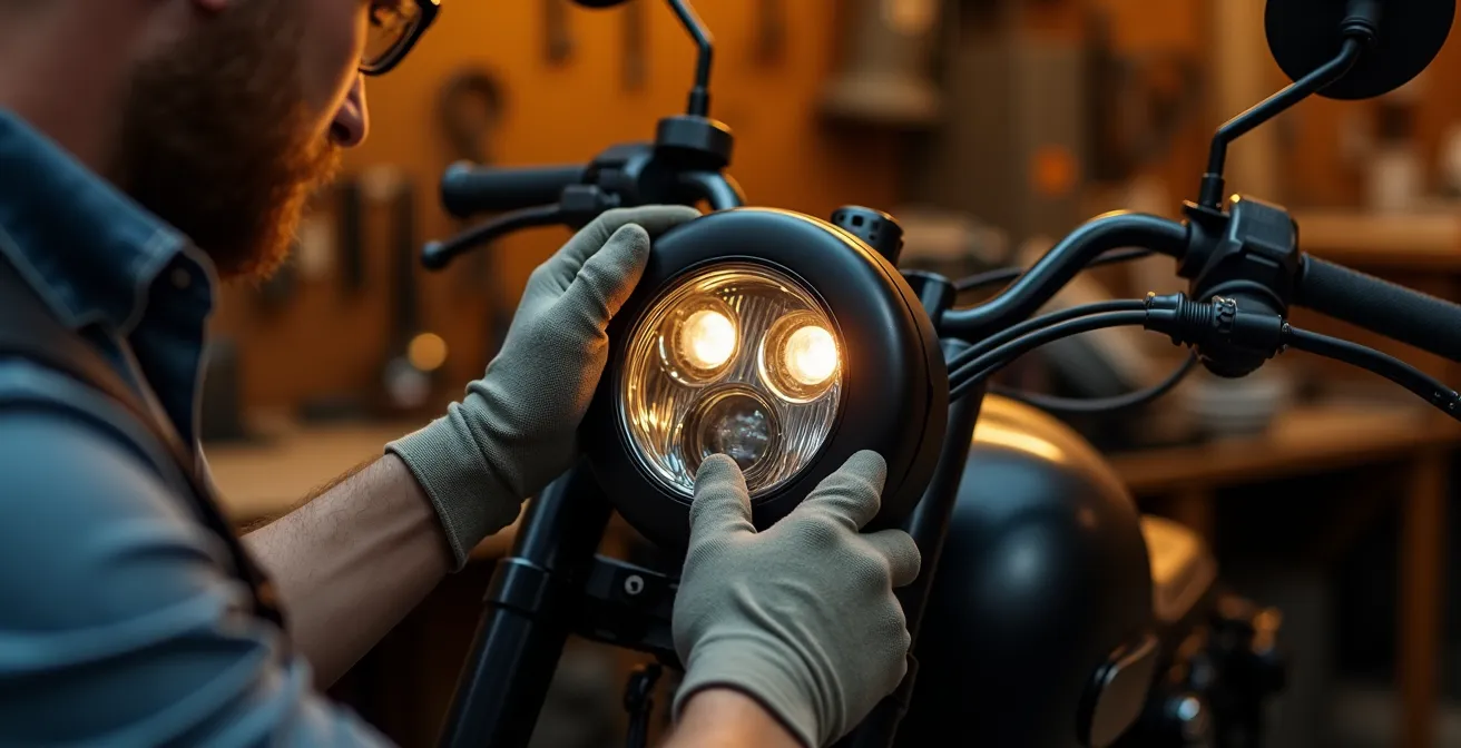 Motorcycle headlight housing with modern bi-LED projector being installed
