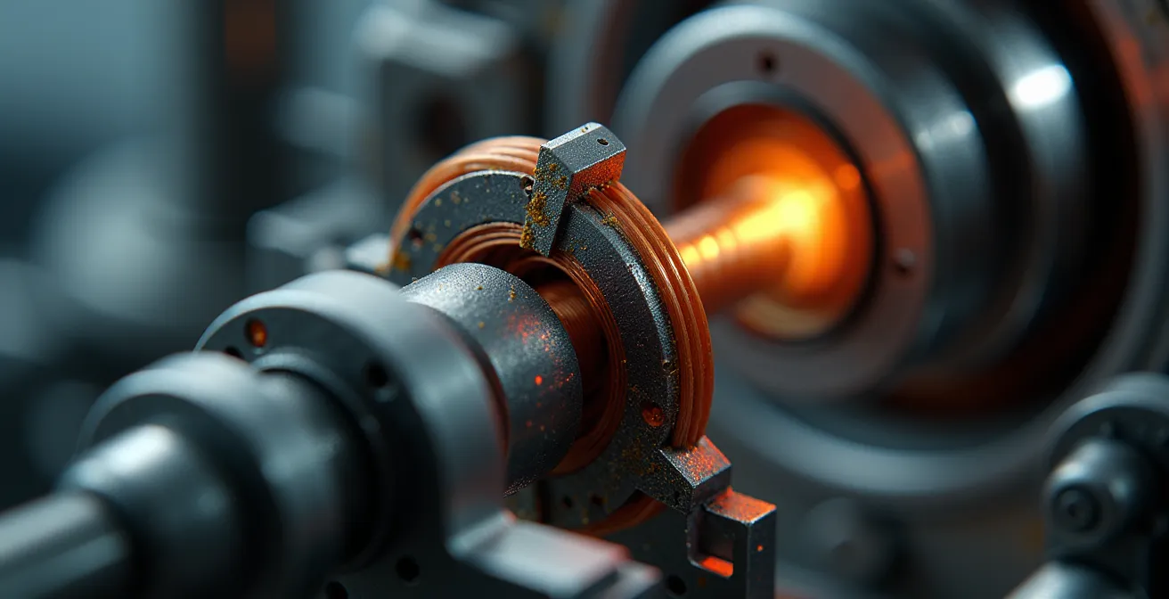 Extreme close-up of bi-xenon projector solenoid mechanism showing shield movement