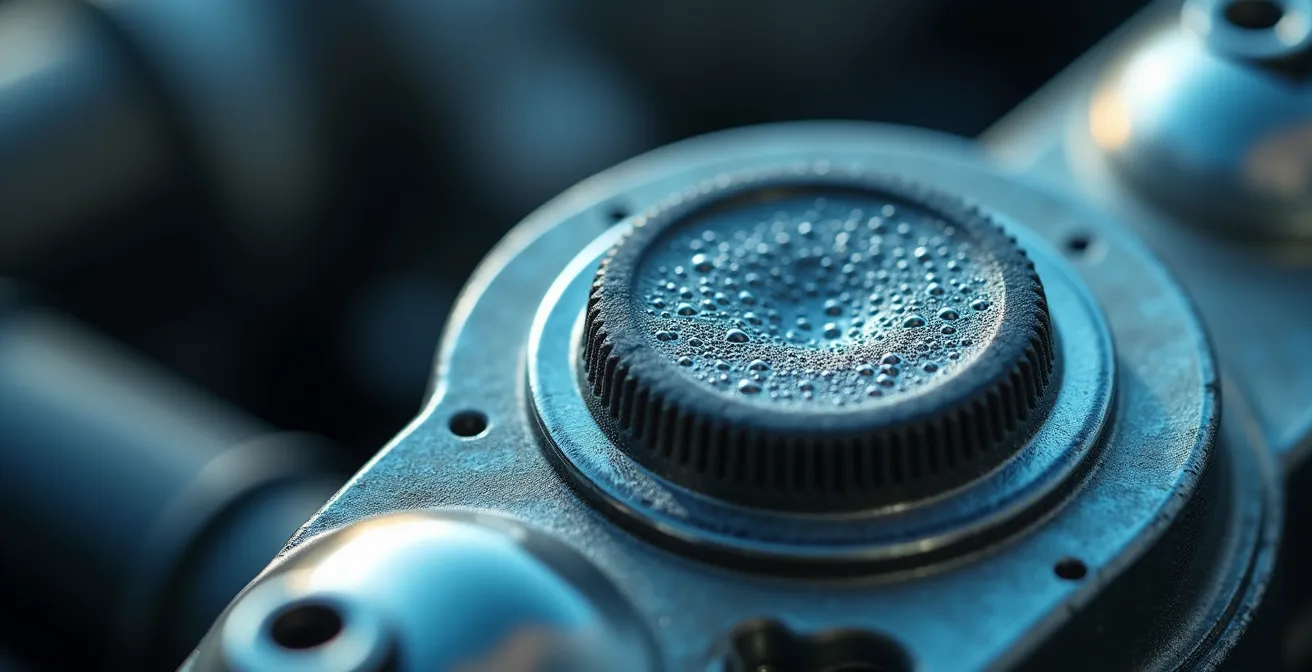 Detailed view of brake fluid condition and level in master cylinder