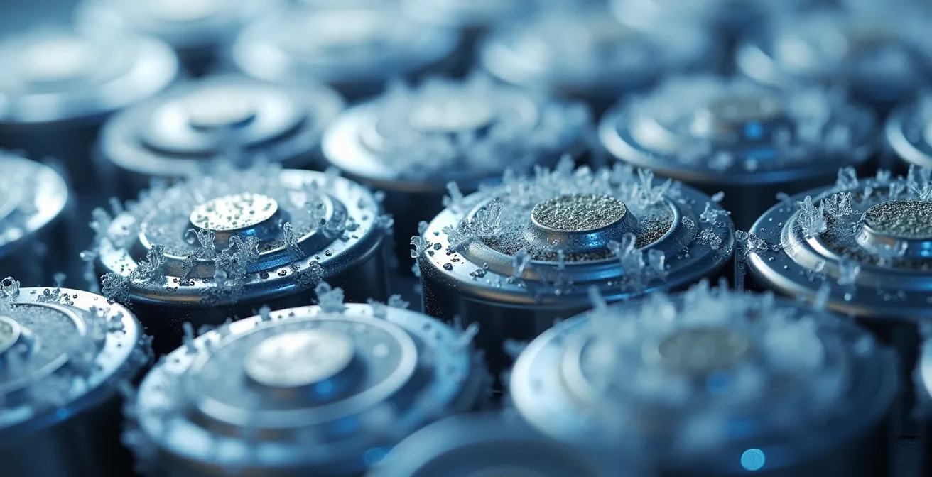 Macro photography of frost crystals forming on a metallic battery surface, symbolizing cold weather's effect on EV range.