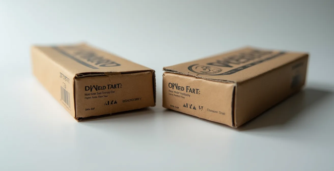 Close-up comparison of authentic and fake motorcycle part packaging details