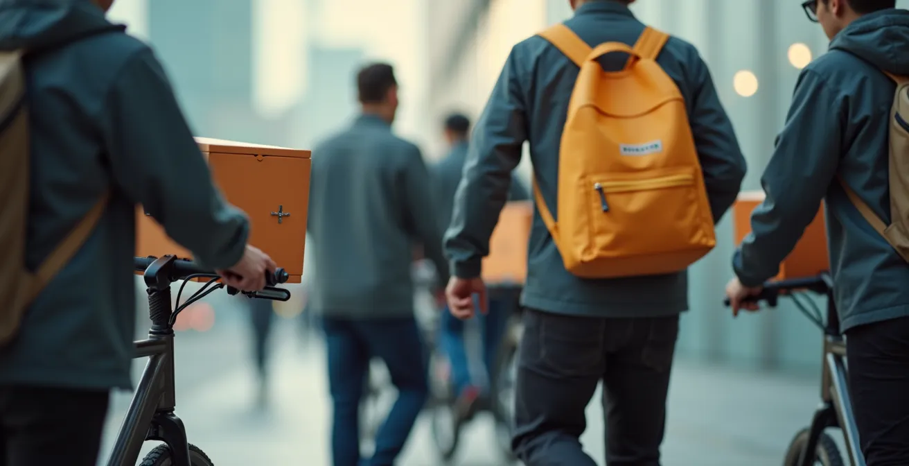 Food delivery riders at a battery swapping station during peak hours