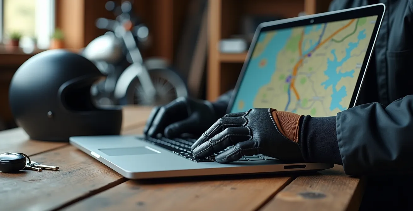 Rider planning motorcycle route on laptop with map display