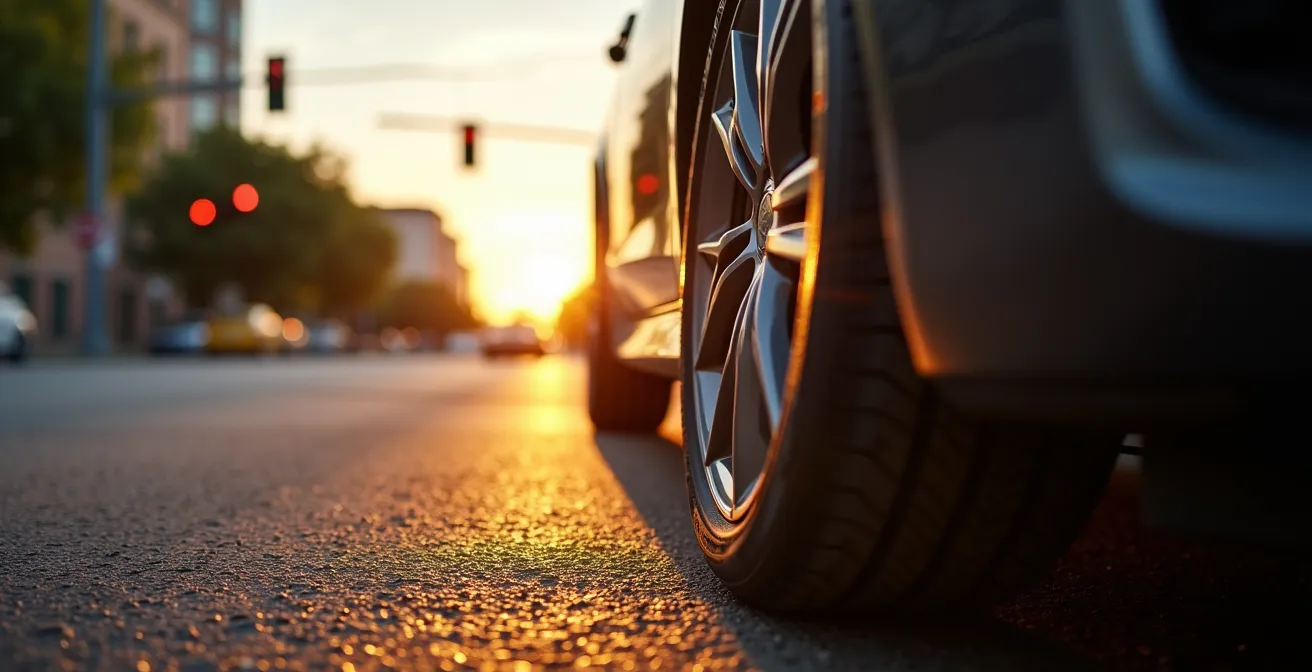 Close-up view of car's front wheel angle and driver posture at intersection