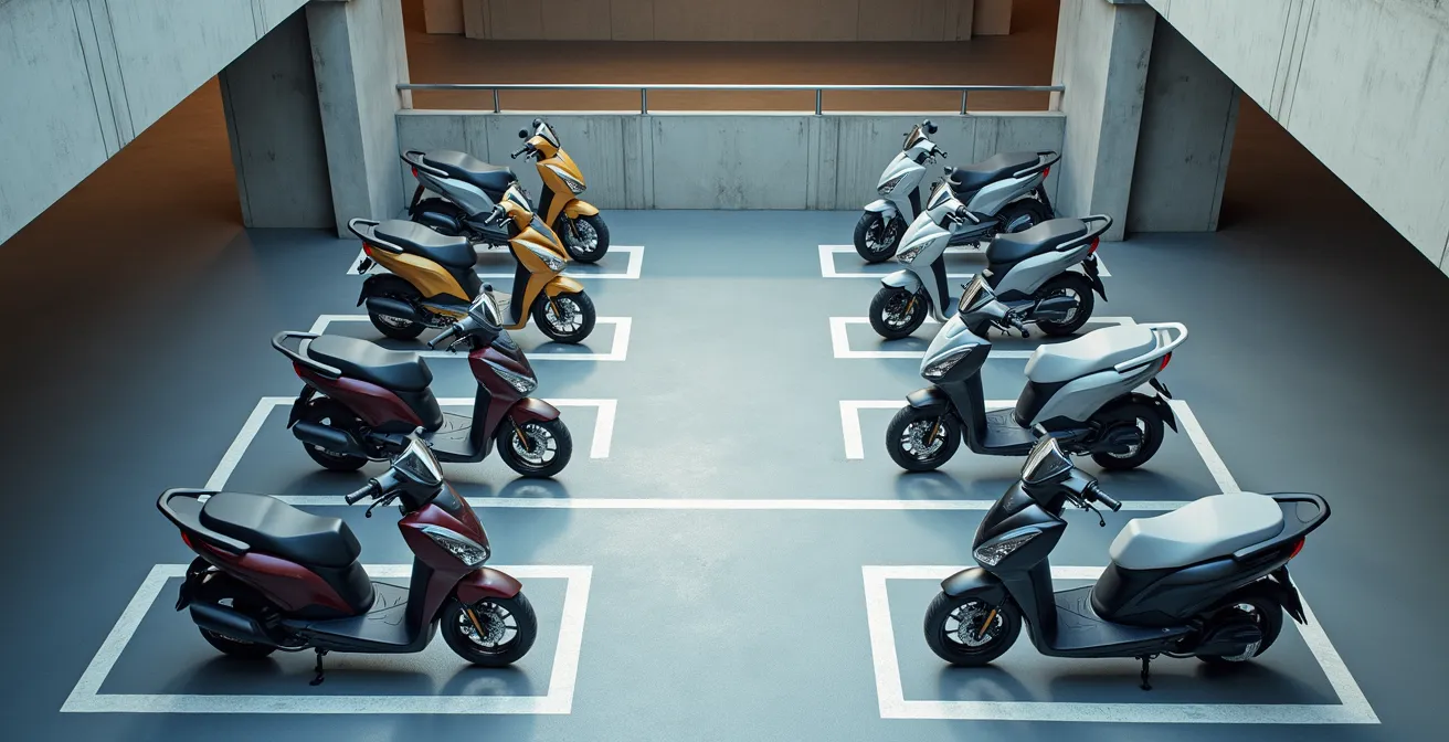 Multiple electric motorcycles arranged in compact charging station configuration