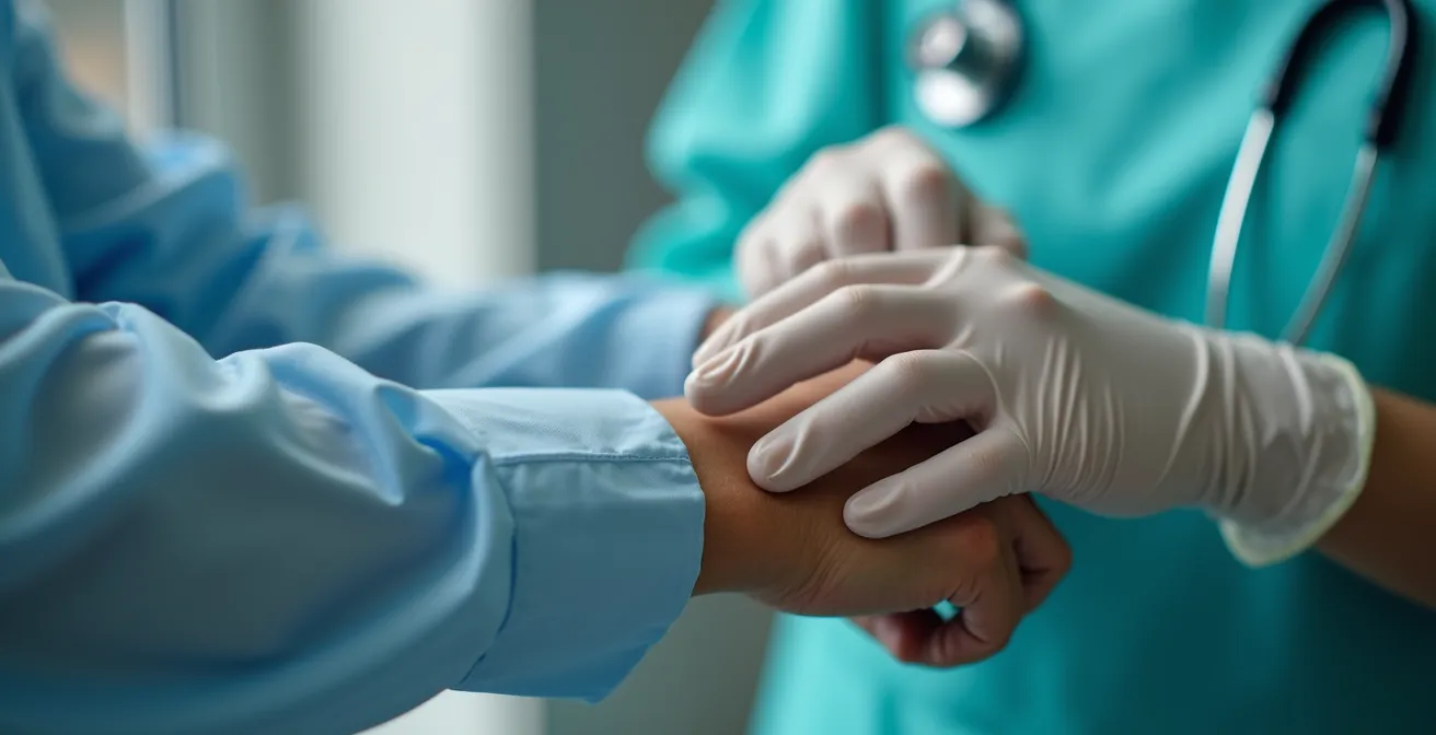 Medical professional examining patient in emergency room setting after accident