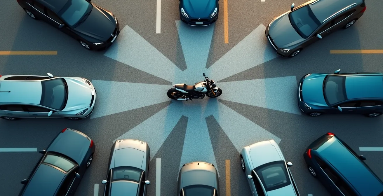 Aerial view showing motorcycle escape routes and positioning between vehicles