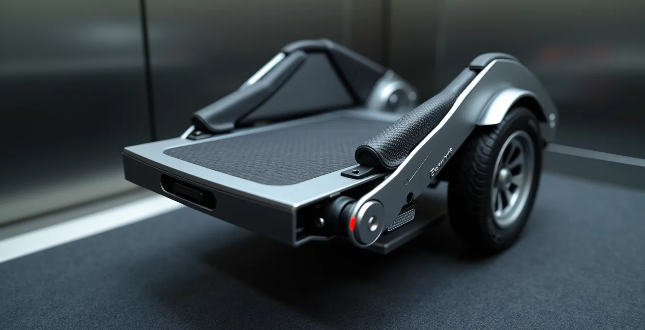 Folded e-bike and compact motorcycle size comparison in residential elevator