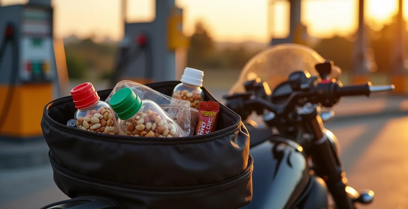 Close-up of healthy snacks arranged in motorcycle tank bag compartment