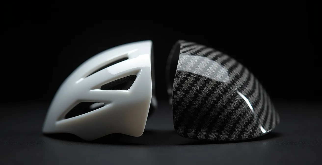 Cross-section view comparing polycarbonate and composite helmet shell structures