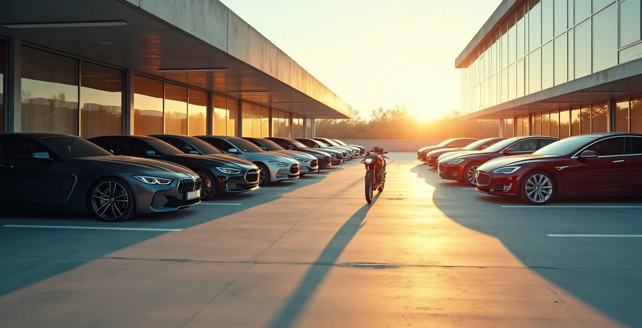Multiple luxury vehicles in a parking area with a motorcycle nearby, showing the scale difference and high financial risk.