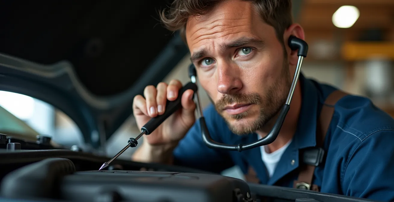 Motorcycle mechanic using screwdriver stethoscope technique to diagnose engine sounds