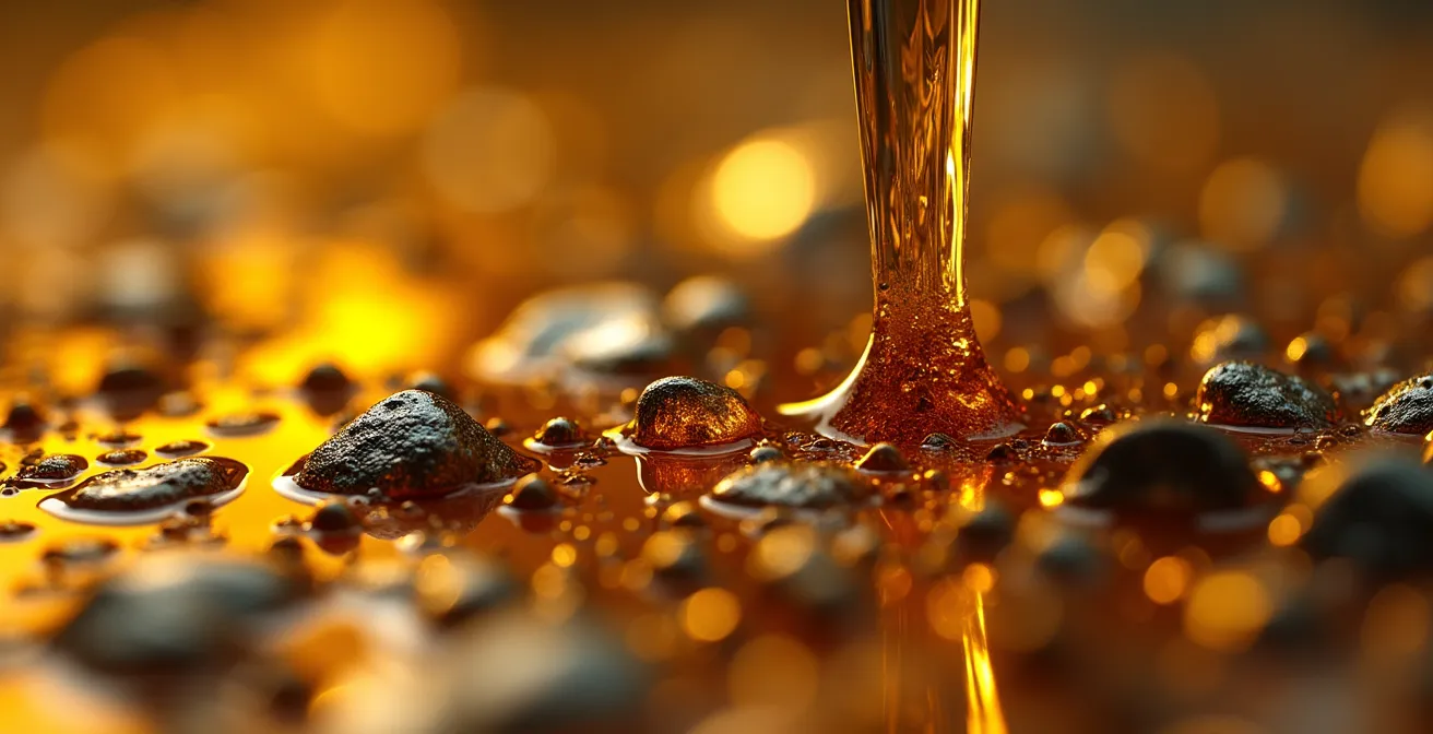 Extreme macro view of different metal particles in engine oil showing color variations