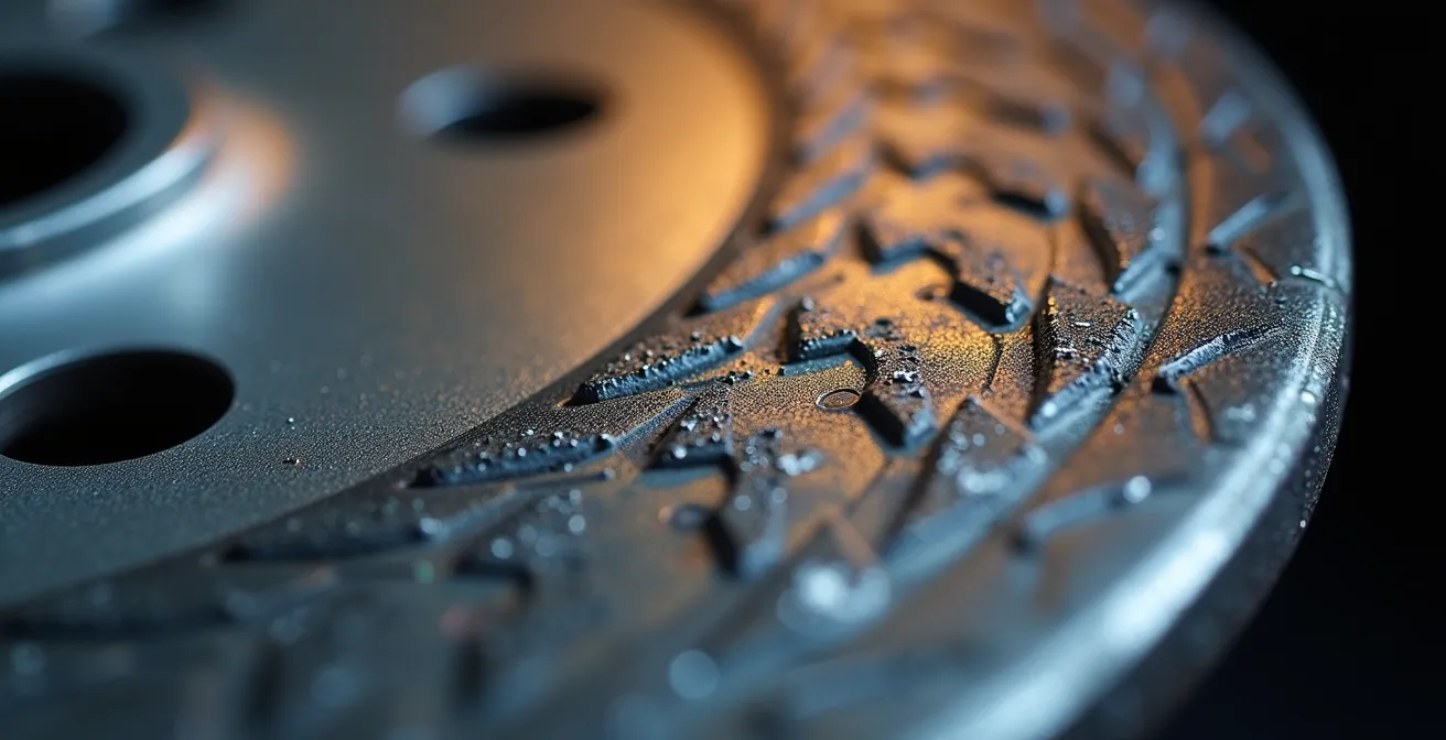 Extreme close-up of brake disc surface showing microscopic transfer film layer