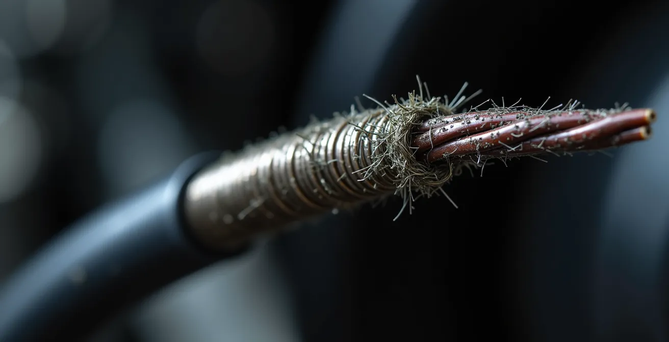 Extreme close-up of motorcycle clutch cable showing wear patterns