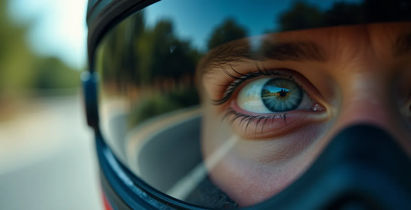 Macro detail of rider's eye focused through helmet visor on safe path ahead