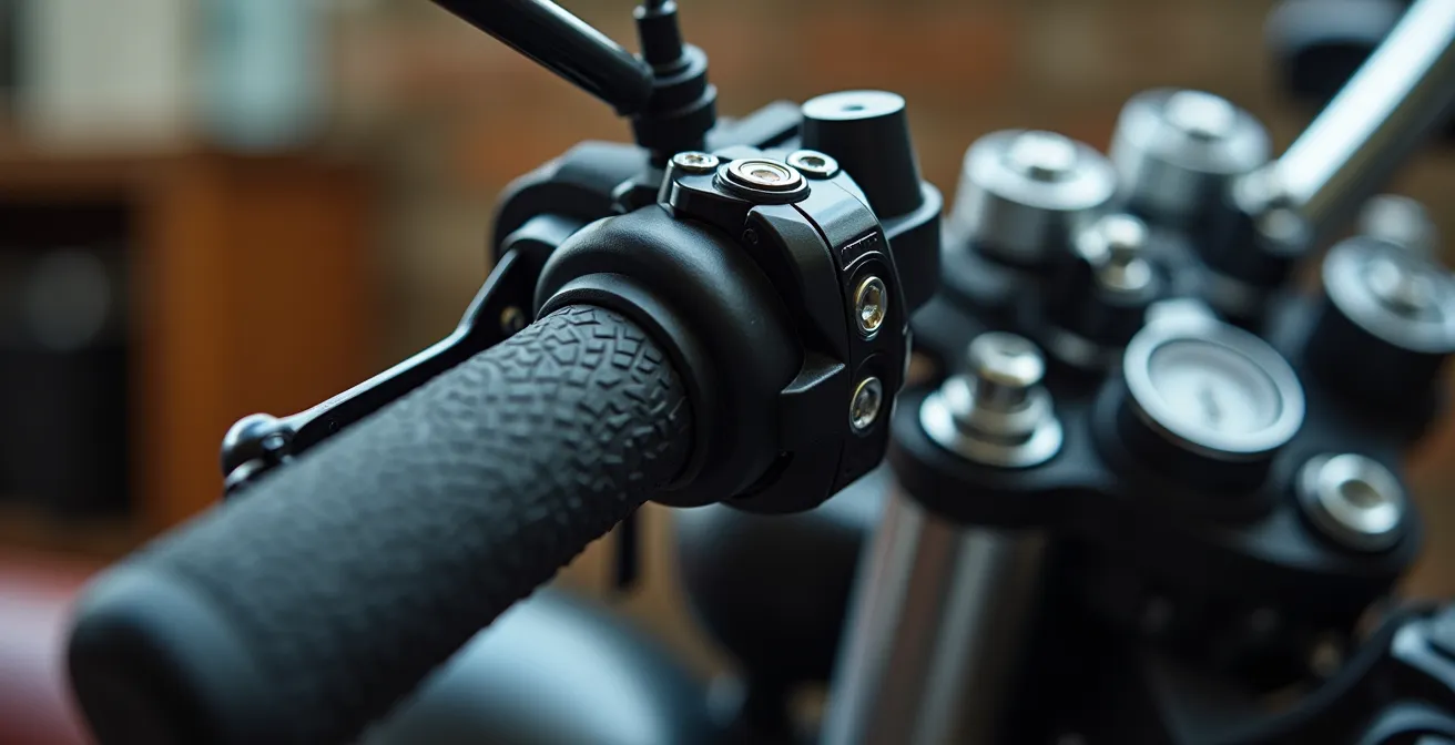 Close-up of motorcycle handlebar and control adjustments for improved ergonomics