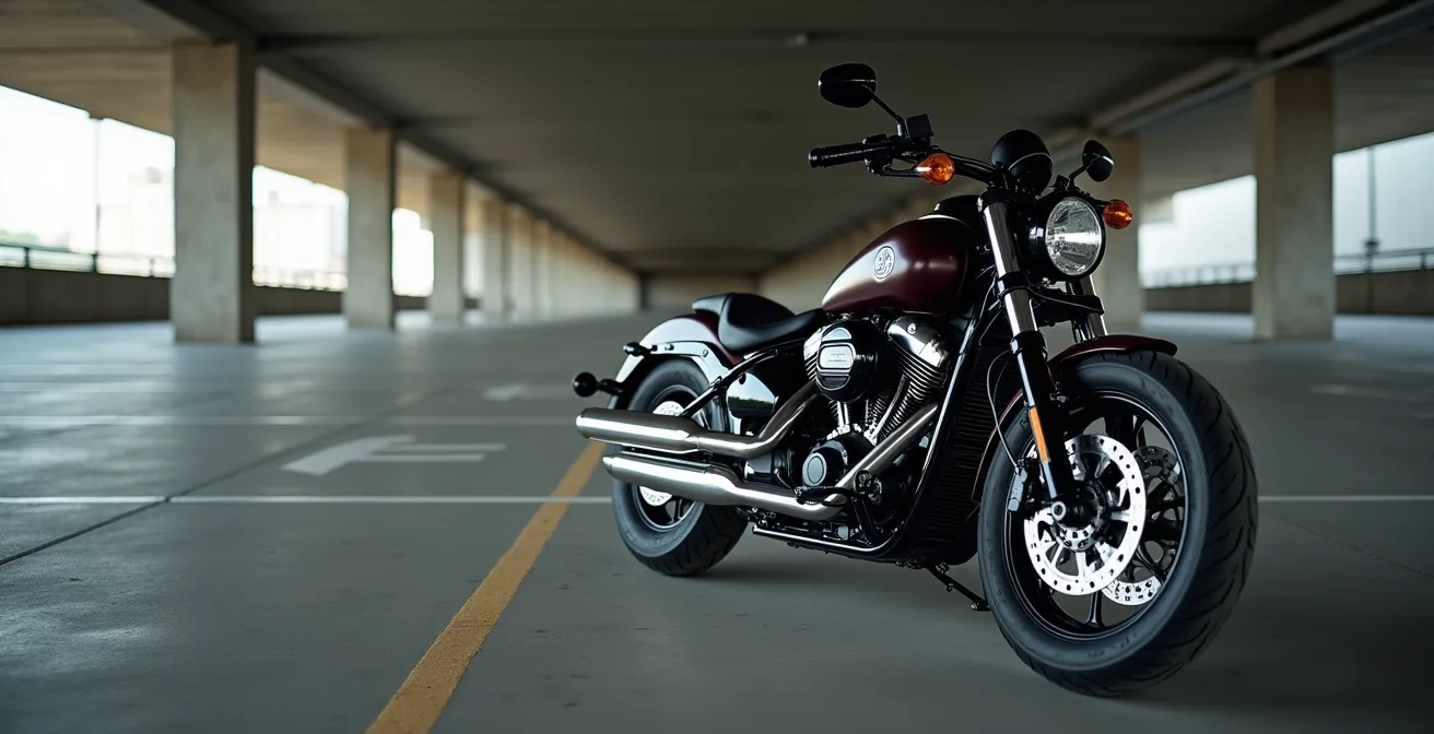 Side view of a cruiser motorcycle showing exposed exhaust system and catalytic converter placement