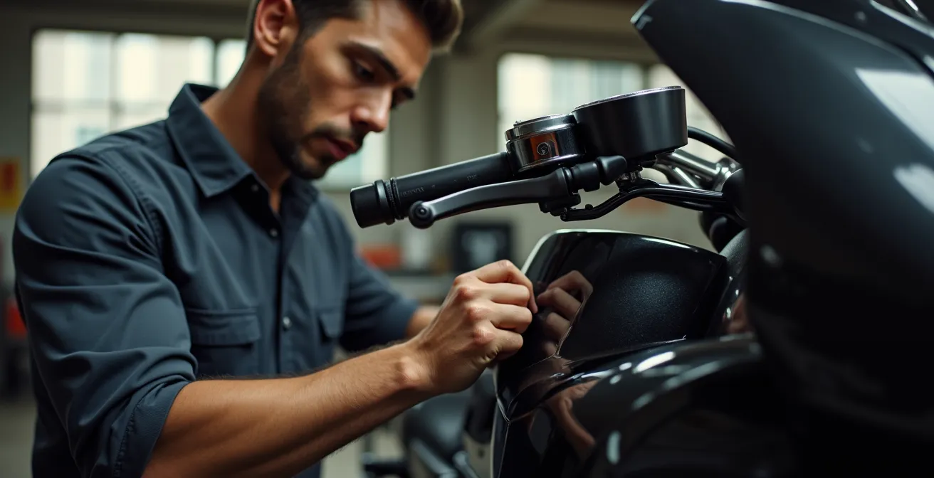 Mechanic examining motorcycle fairing attachment points in workshop setting