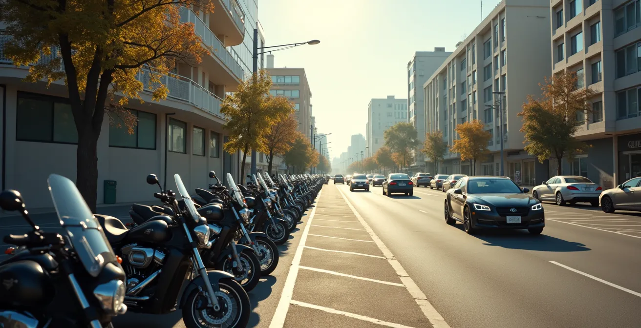 Motorcycles parked in designated free parking spaces while cars circle for paid spots