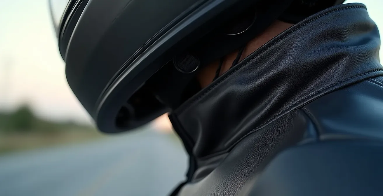 Extreme close-up of motorcycle jacket collar sealed against helmet base