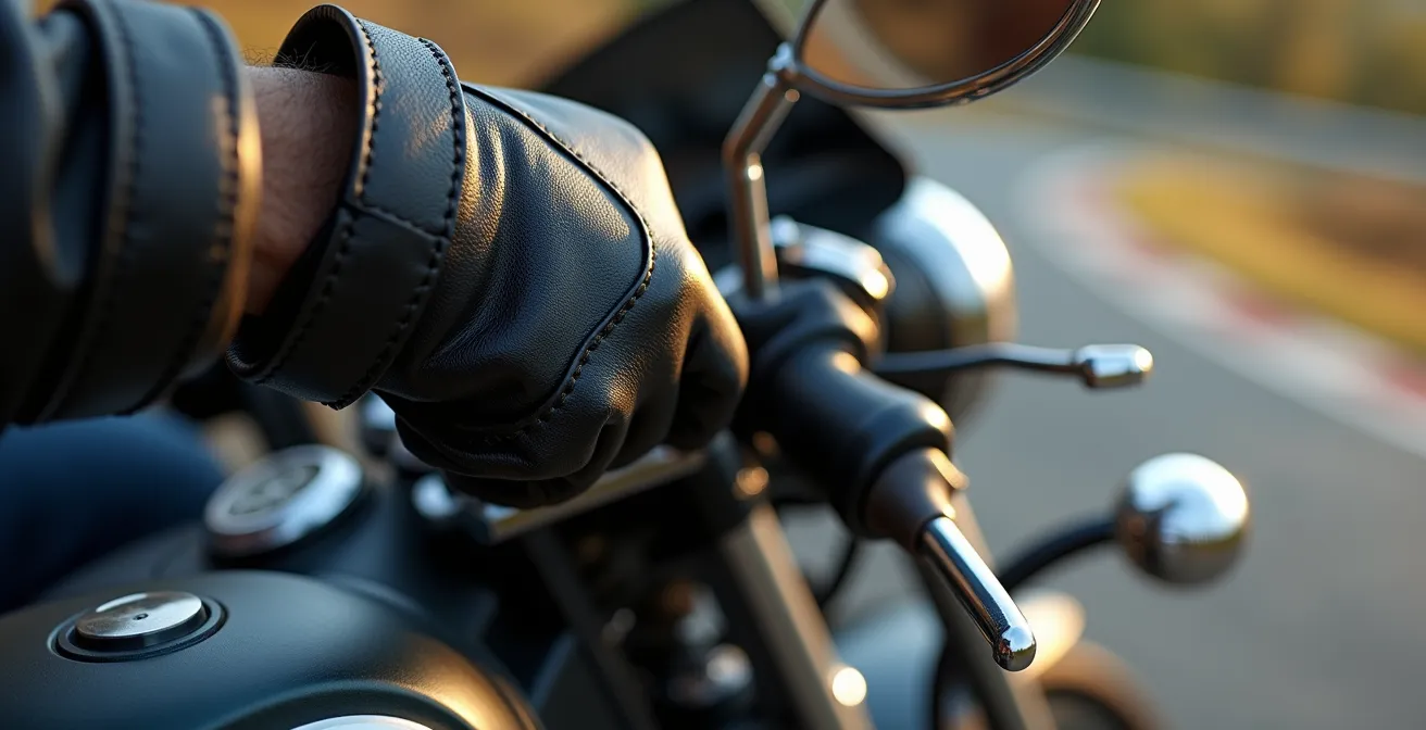 Close-up of rider's hand on gear shifter approaching mountain hairpin