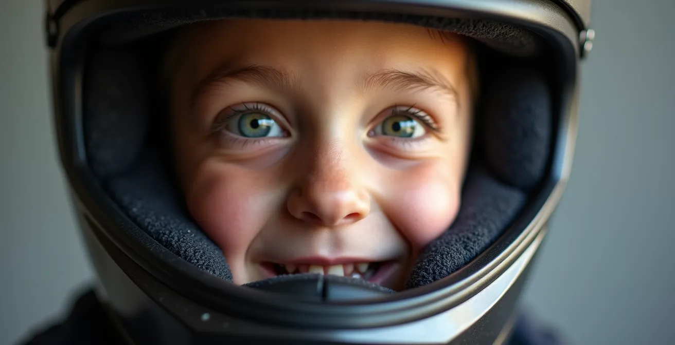 Close-up of rider's face showing proper helmet fit with compressed cheeks