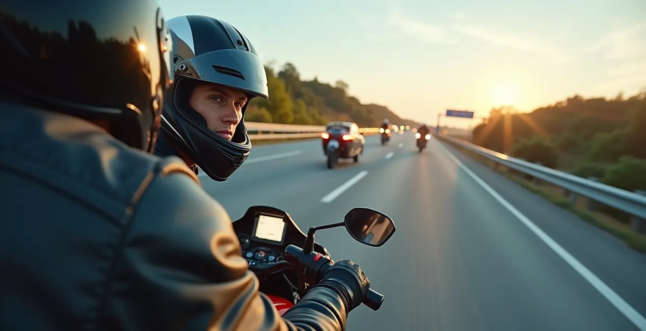 Motorcycle accelerating on highway on-ramp demonstrating proper merging technique