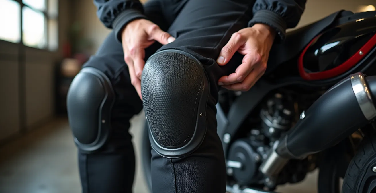 Side view of motorcycle rider's leg showing proper knee armor positioning and secure fit