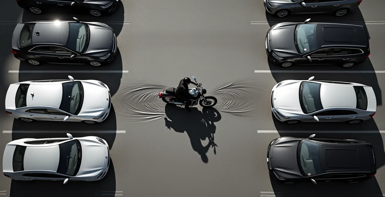 Aerial view of motorcycle safely filtering between cars with proper spacing