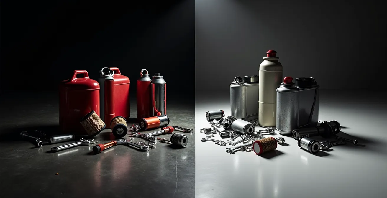 Split scene showing traditional motorcycle maintenance versus clean electric motorcycle components