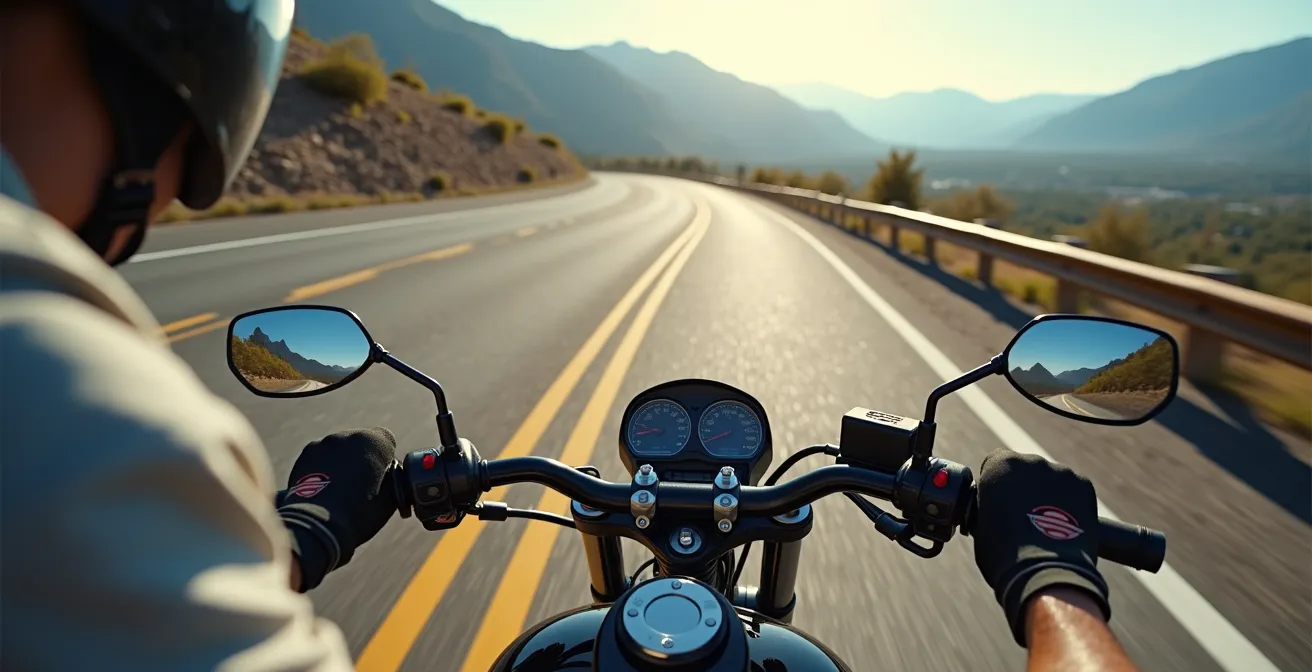 Rider's perspective approaching gravel patch in mountain curve