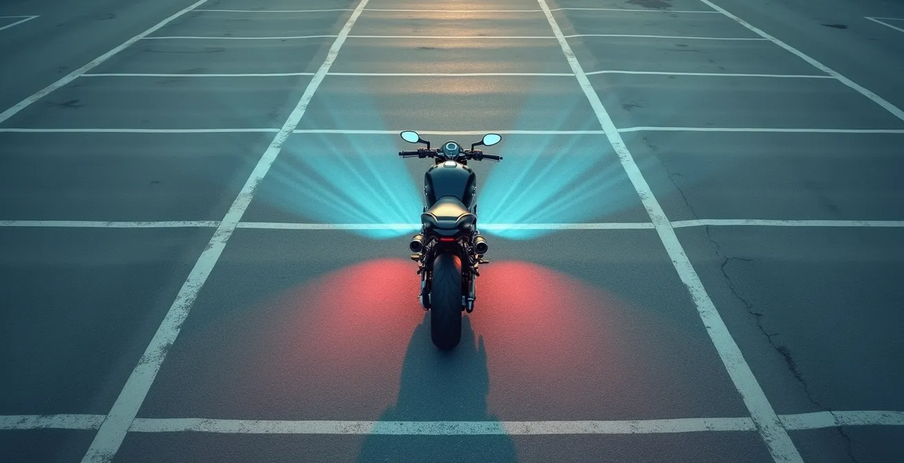 Overhead view showing different mirror coverage zones on a motorcycle