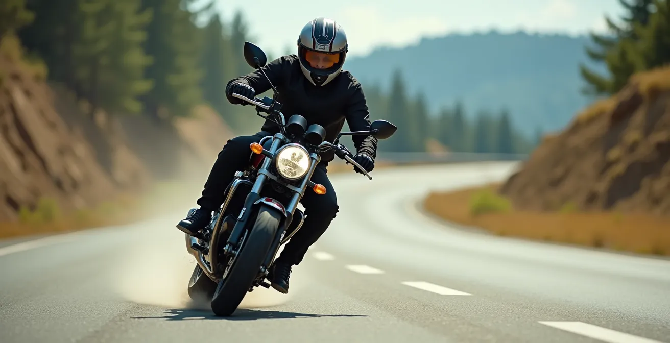 Rider standing on pegs preparing to cross road debris