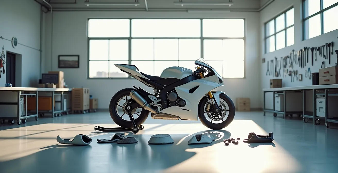 A professional motorcycle workshop showing the meticulous paint preparation setup with clean surfaces and disassembled fairings.