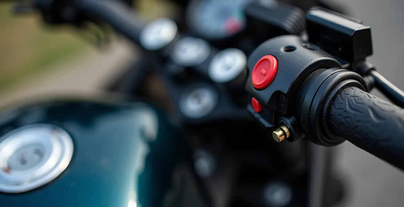 Close-up of motorcycle handlebar power connections and wiring