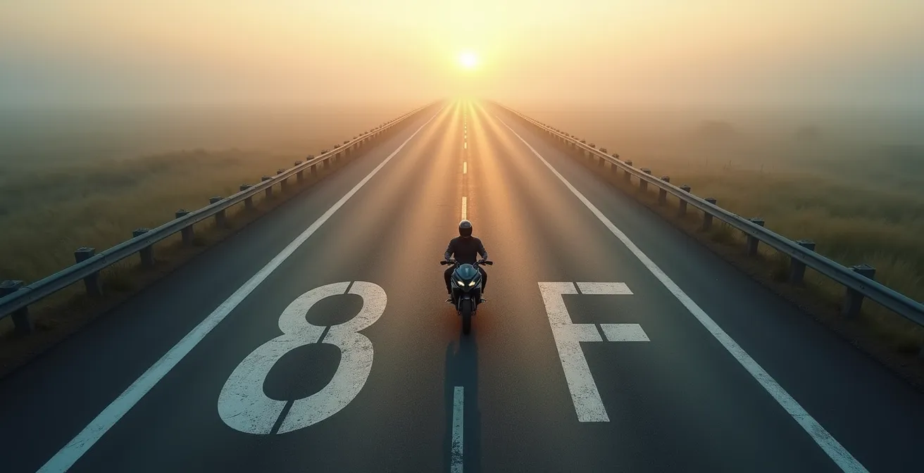 Bird's eye view of motorcycle traveling distance during one-second reaction time on highway