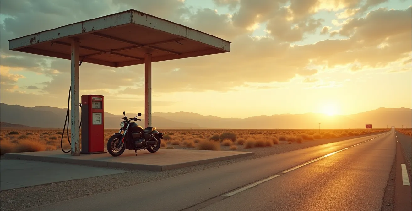 Electric motorcycle rider at remote charging station in desert environment
