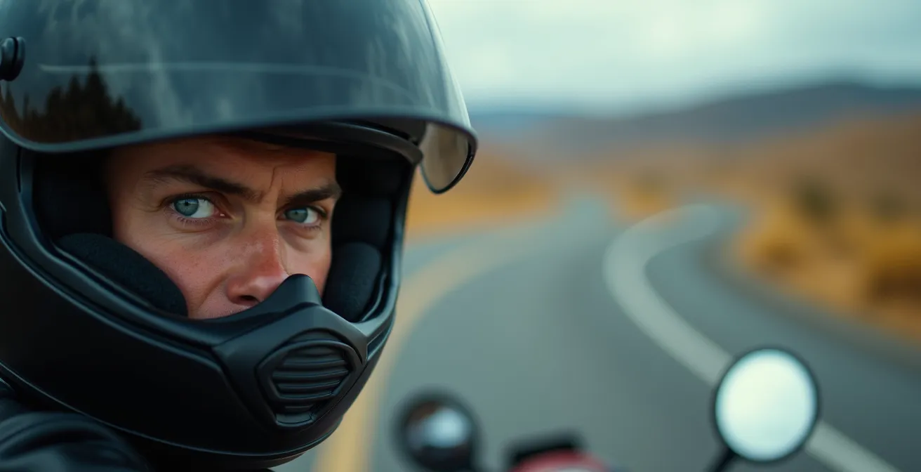 Close-up of rider's determined eyes reflected in motorcycle mirror