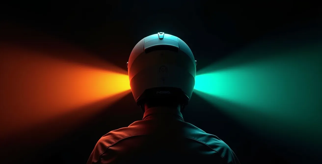 Rider's helmet view showing 2-12-2 scanning zones with focused attention areas