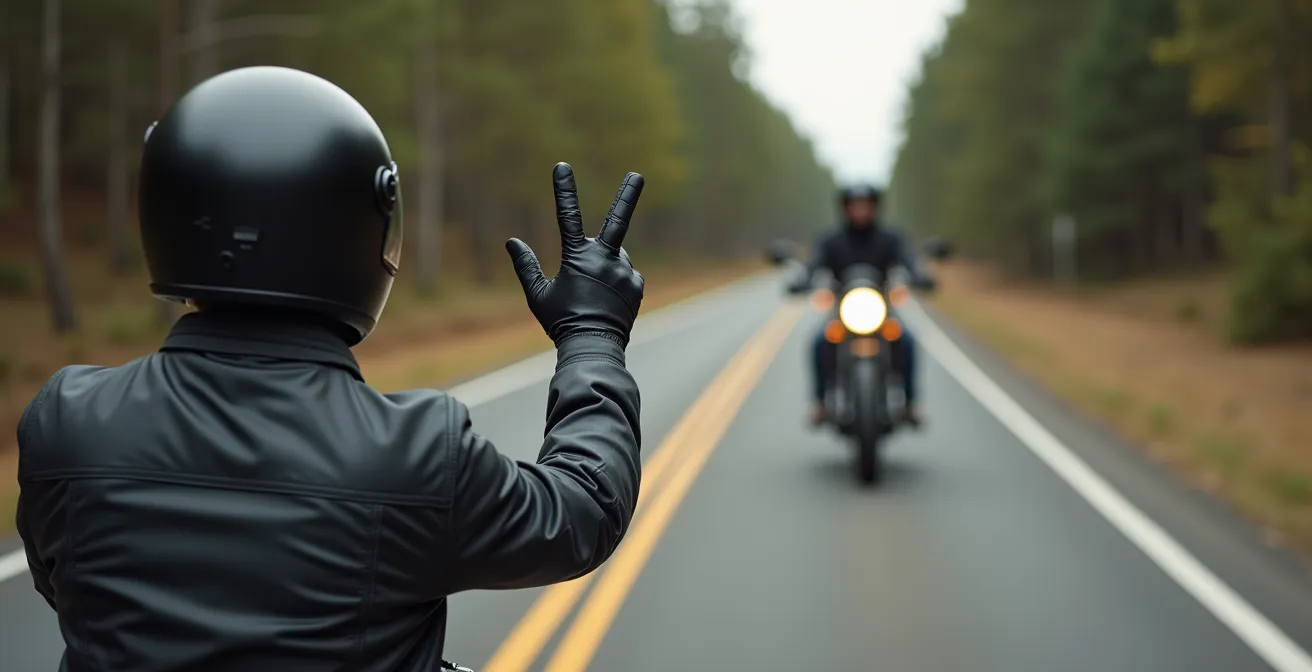 Two motorcyclists passing each other with characteristic hand wave gesture