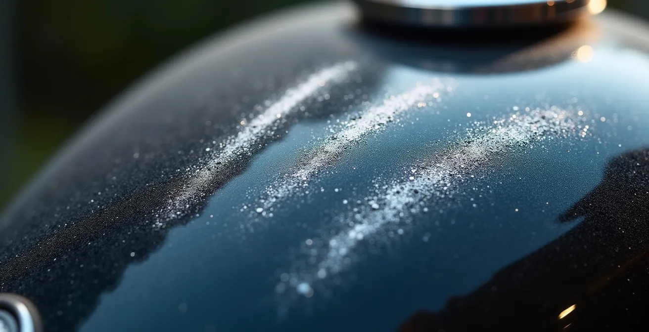 Extreme close-up of motorcycle paint layers showing scratch depth levels from clear coat to bare metal.