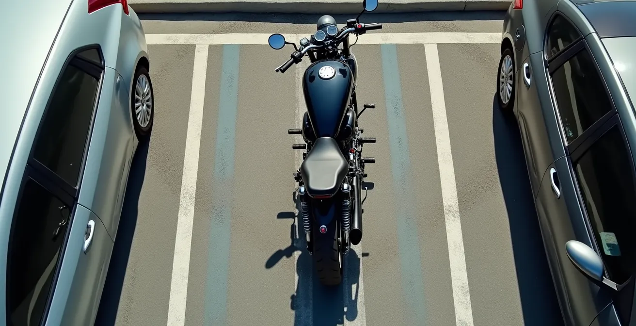 Overhead view of a naked motorcycle demonstrating multiple security measures in an urban parking scenario