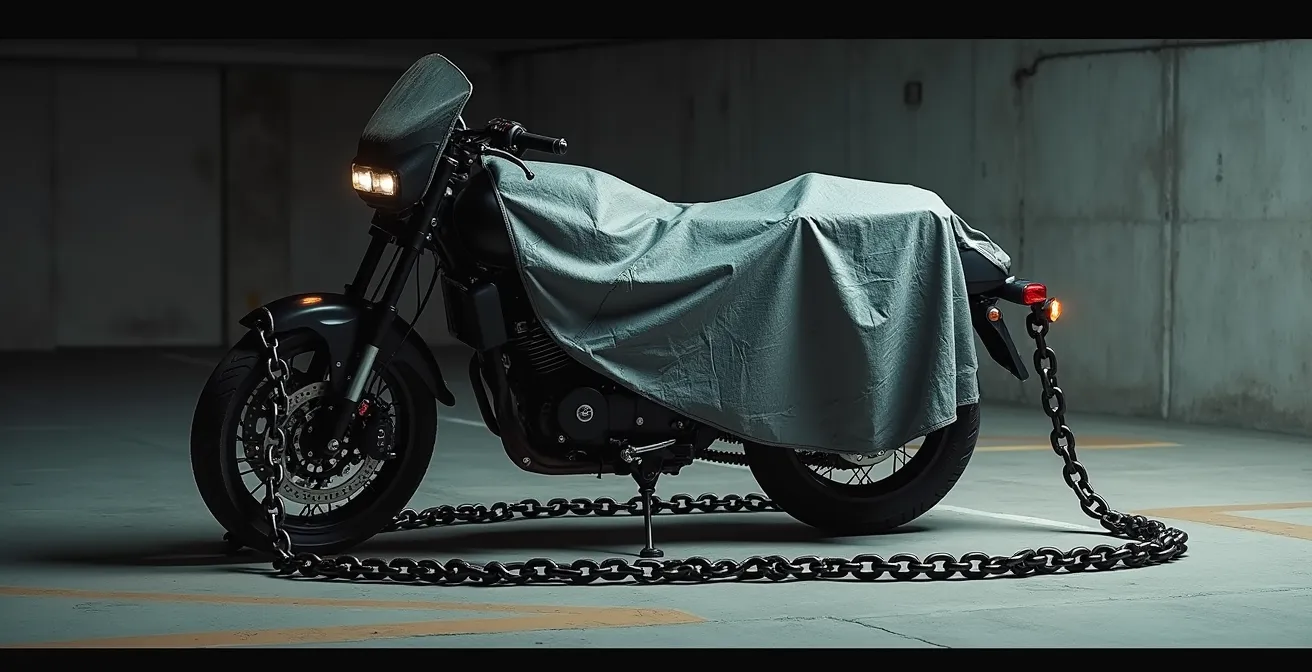 Three layers of motorcycle security visible in urban parking scenario with chain, cover, and electronic devices