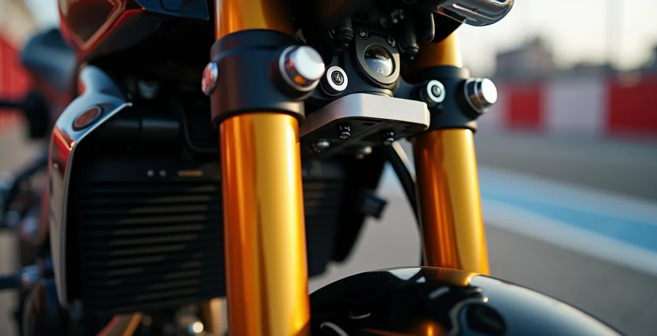 Motorcycle front fork with adjustment knobs and zip-tie measuring travel