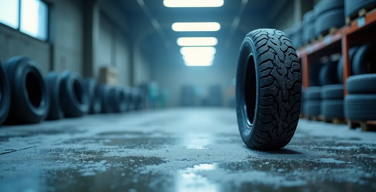 Environmental shot of motorcycle tires in cold storage showing temperature effects