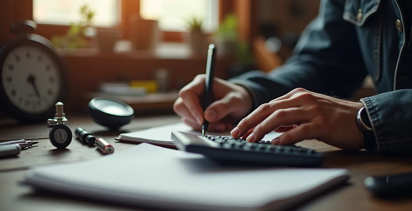 Human perspective of rider calculating tire costs at workshop desk