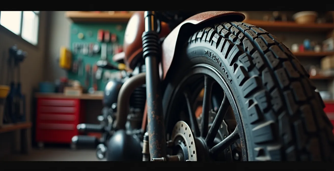 Close inspection of motorcycle tire sidewall showing early signs of dry rot and aging